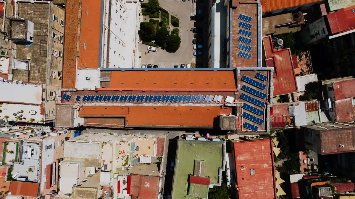 Rooftop solar panels generating electricity